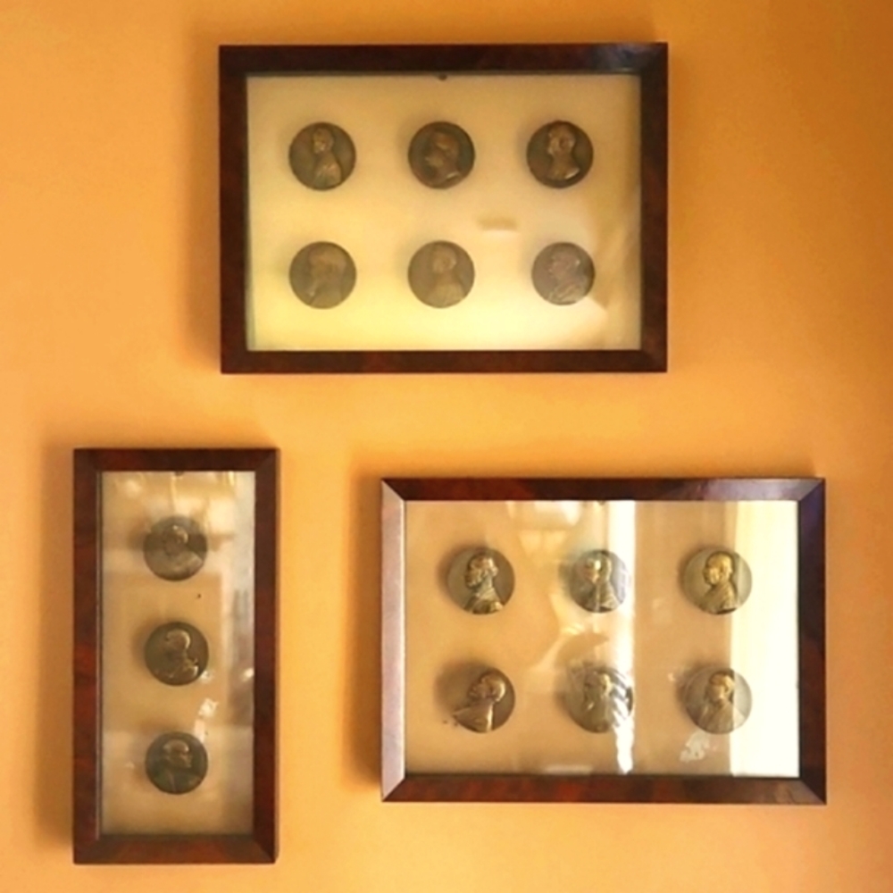 Rare Mid-Century 15 French President's Heavy Bronze Coins within 3 Custom Frames - Picture 1 of 5